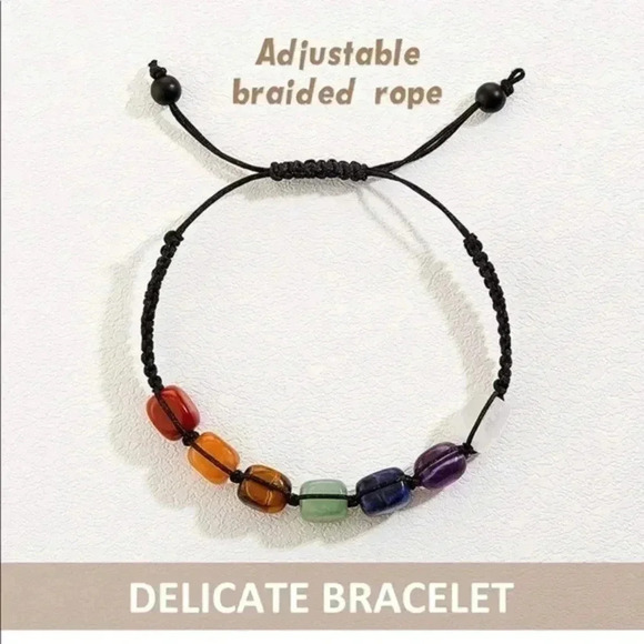 Meditation Relaxation Chakra Reiki Rainbow Real Stone Adjustable Bracelet NWT - Picture 4 of 6